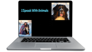 A laptop computer with I Speak With Animals and photos on the screen
