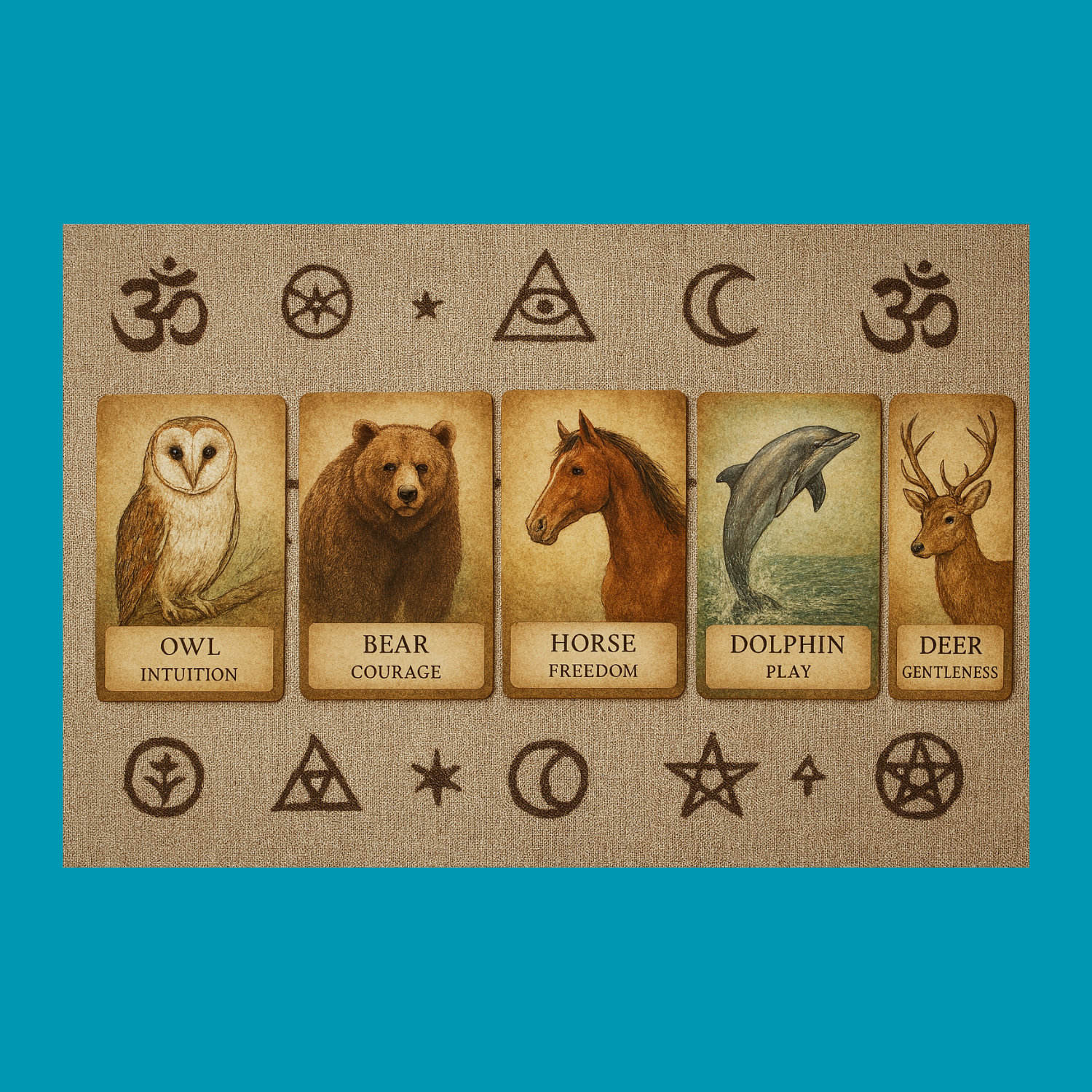 Four animal cards with runes